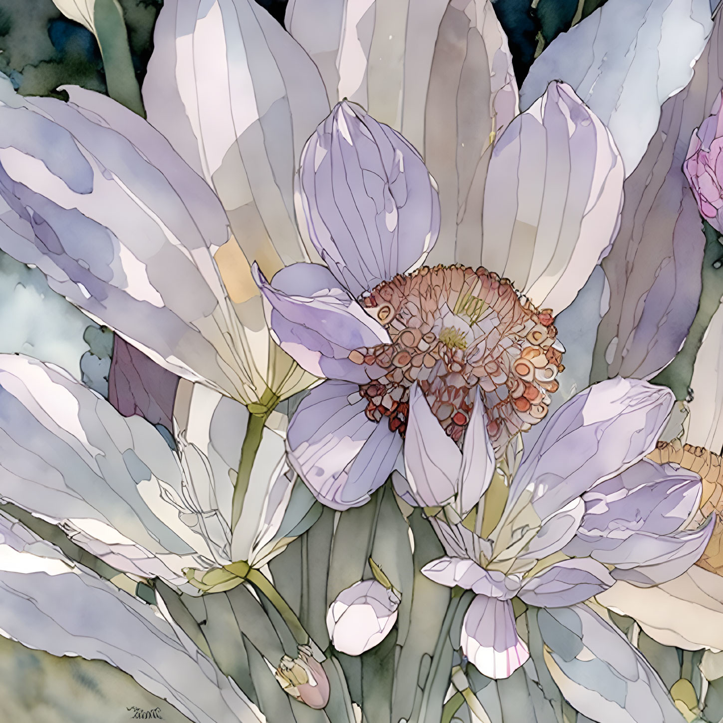 Delicate Pale Purple Flowers Illustration with Watercolor Hues