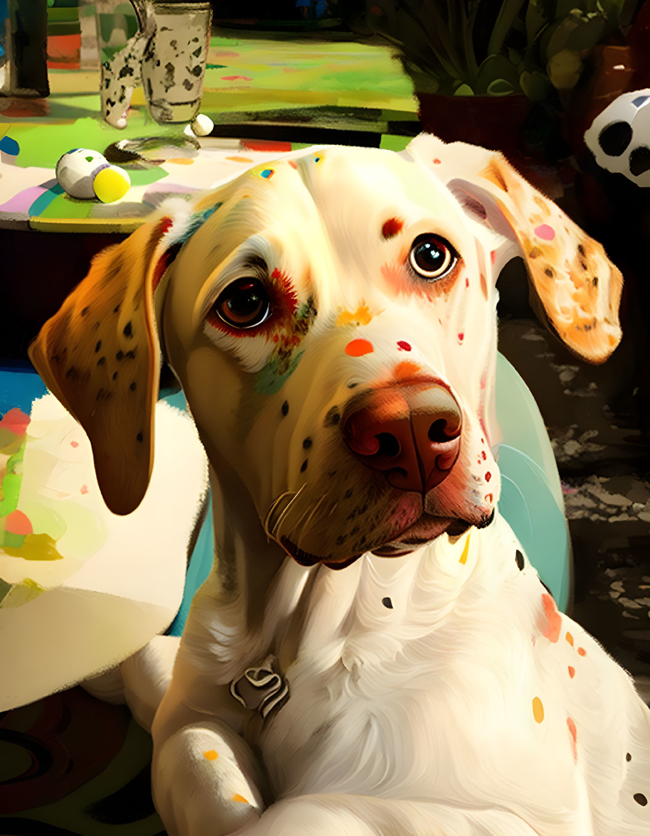 Colorful digital painting: White dog with brown spots