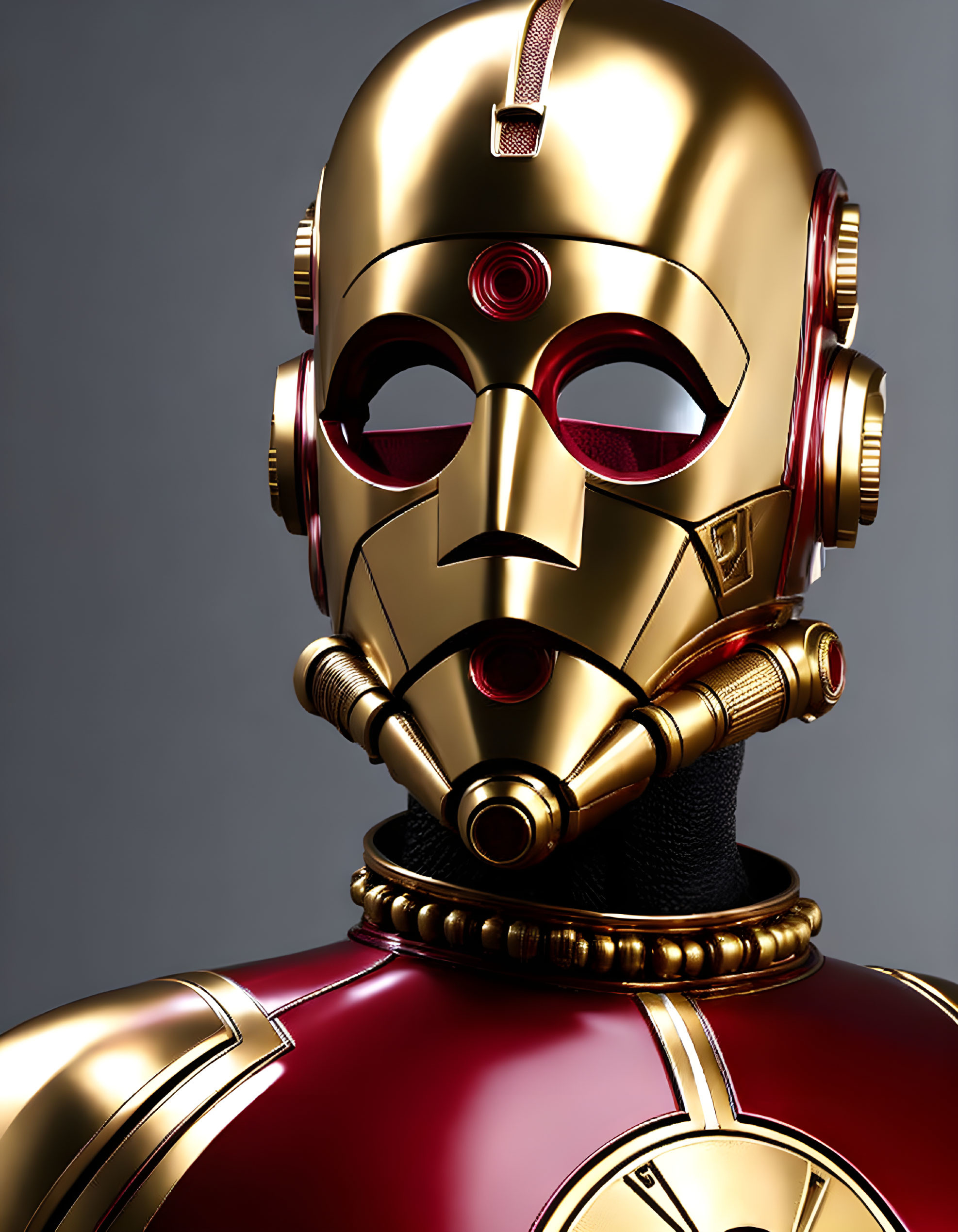 Detailed Gold and Red Humanoid Robot Head on Grey Background
