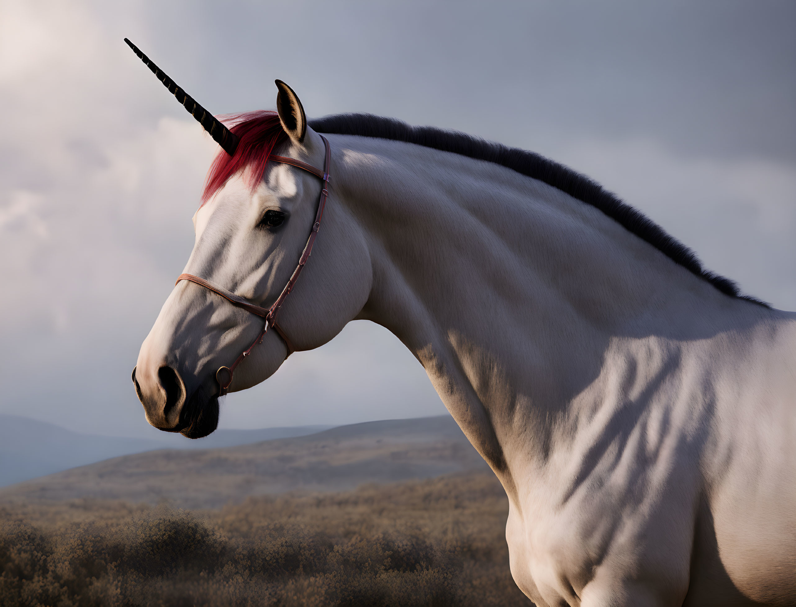 White Unicorn with Pink Mane and Black Horn on Blurred Landscape Background