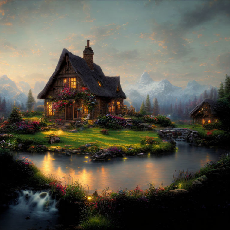 Thatched roof cottage by river with mountains at twilight