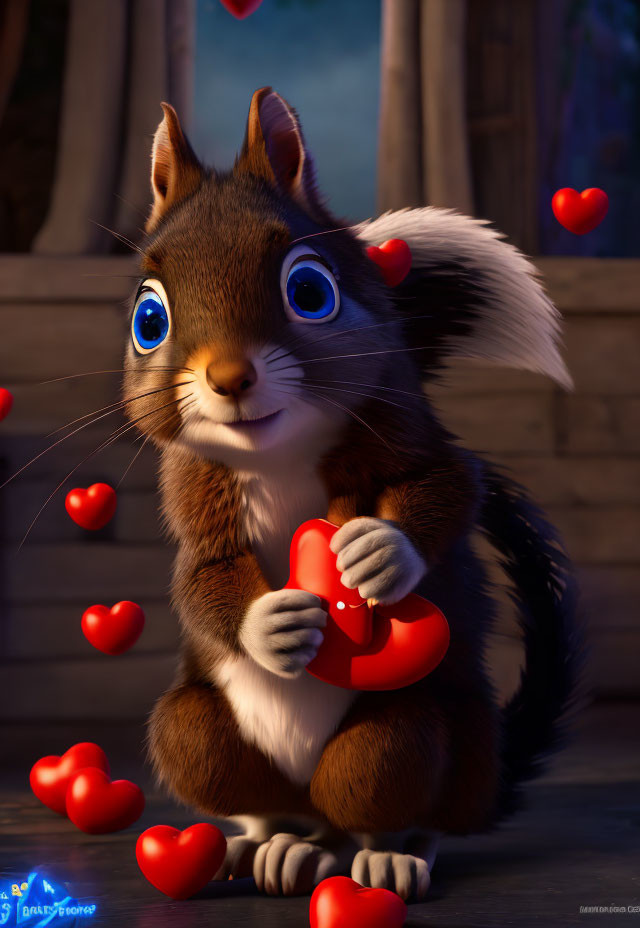 Animated squirrel with red heart in nighttime scene