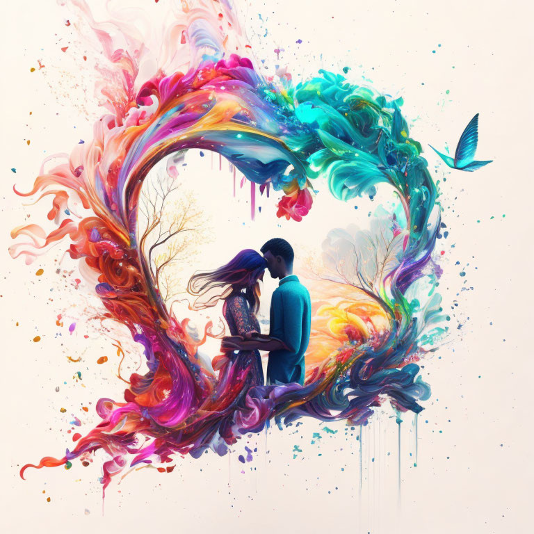 Colorful Abstract Paint Splashes Surrounding Embracing Couple