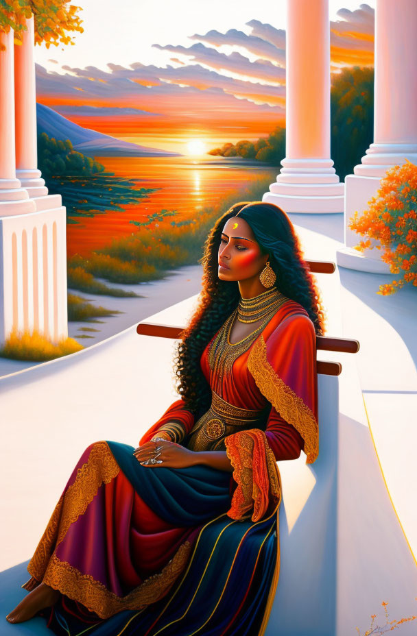 Illustrated woman in traditional Indian attire on balcony at sunset