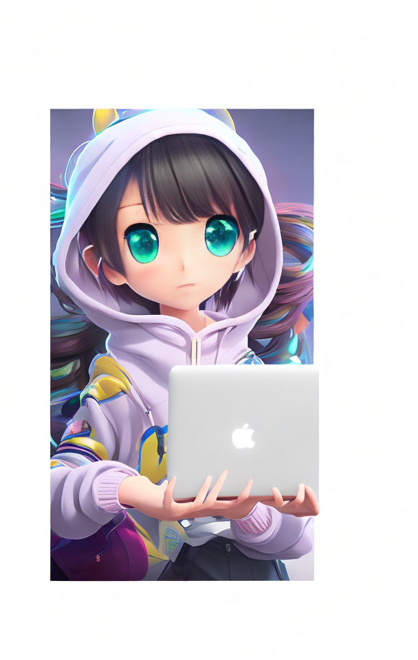 Colorful Hoodie Character Holding Laptop with Large Eyes