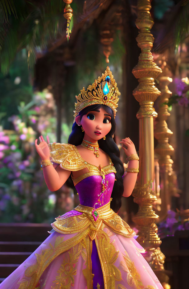 Dark-haired animated princess in golden tiara and armor in enchanted forest.