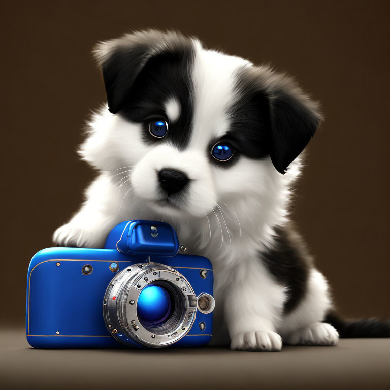 Black and White Puppy with Blue Eyes Leaning on Blue Camera on Brown Background