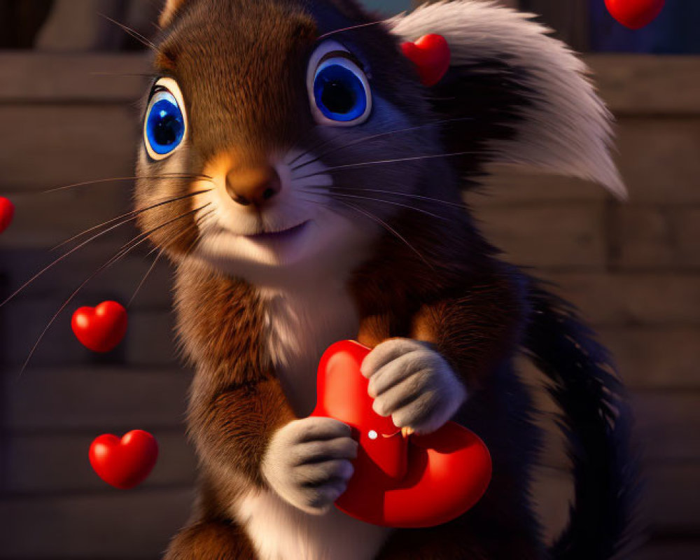 Animated squirrel with red heart in nighttime scene