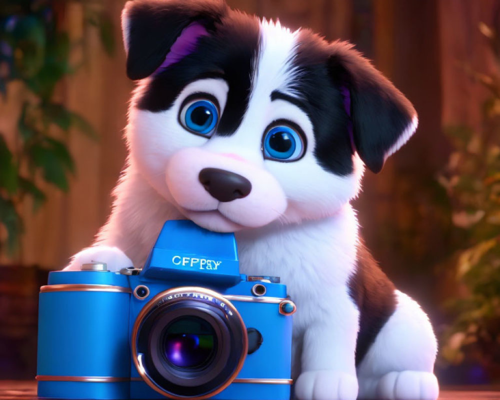 Black and White Animated Puppy with Blue Eyes Beside Vintage Camera