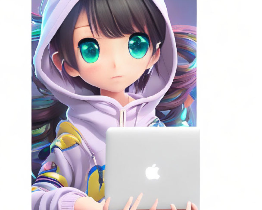Colorful Hoodie Character Holding Laptop with Large Eyes