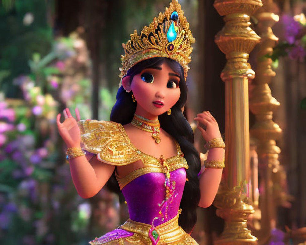 Dark-haired animated princess in golden tiara and armor in enchanted forest.