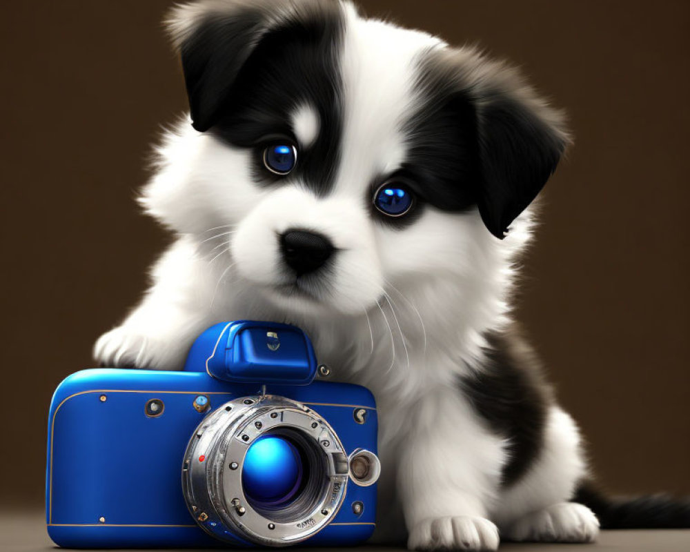 Black and White Puppy with Blue Eyes Leaning on Blue Camera on Brown Background
