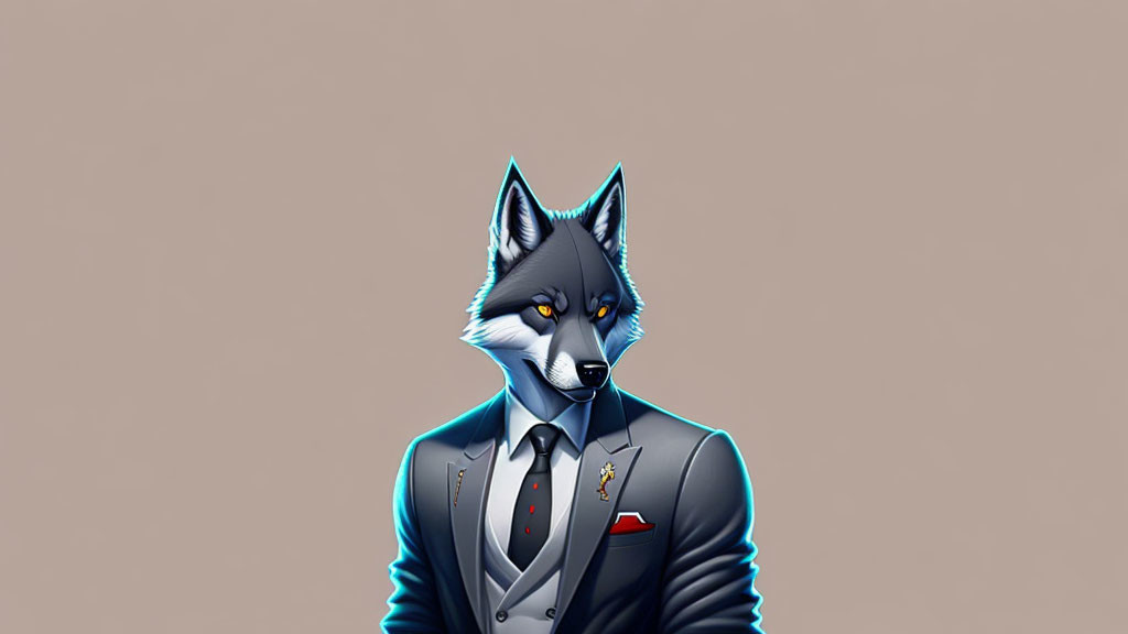 Anthropomorphic Wolf Character in Blue-Grey Suit with Red Tie