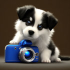 Black and White Animated Puppy with Blue Eyes Beside Vintage Camera
