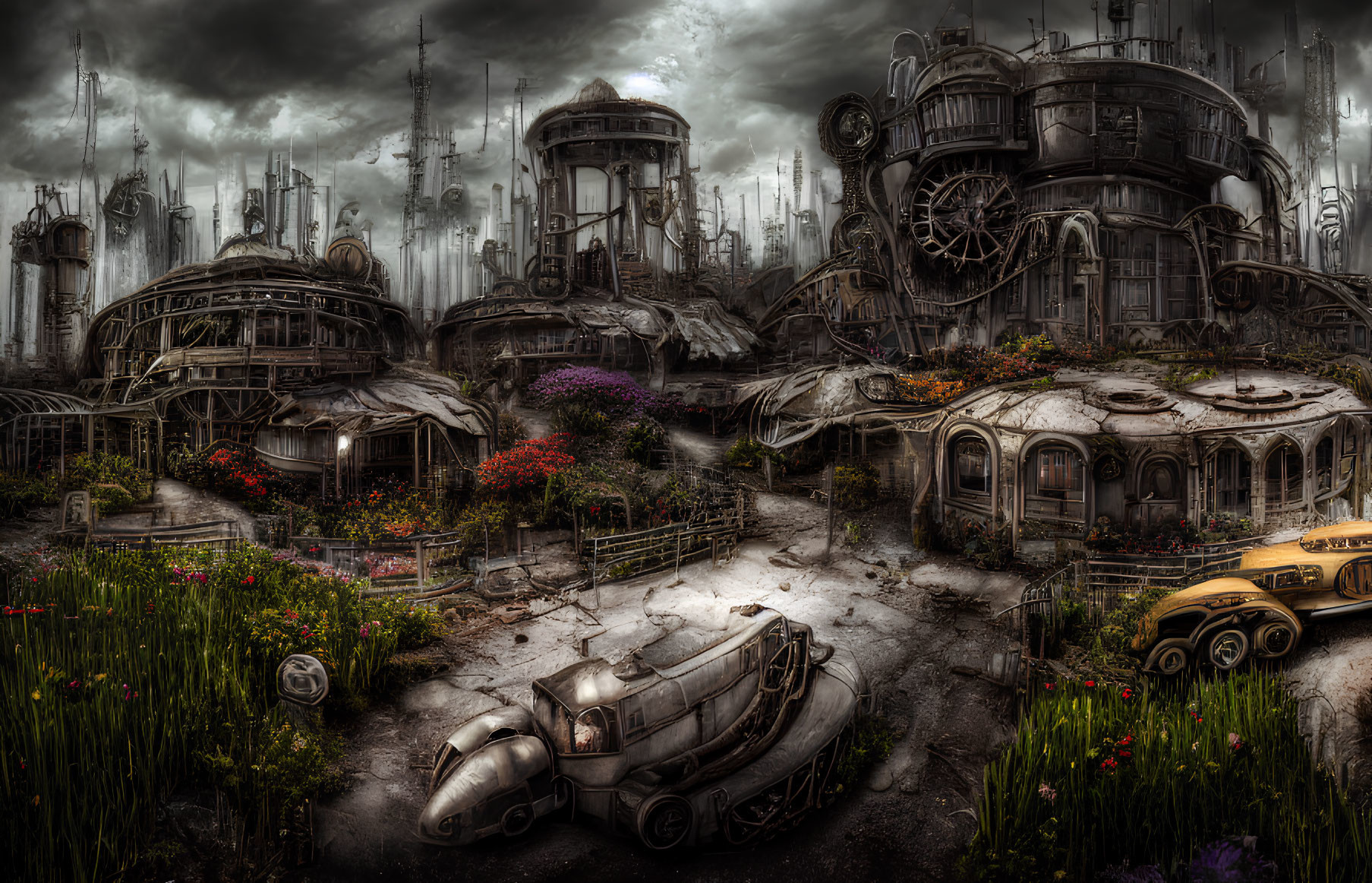 Derelict Dystopian Cityscape with Overgrown Flora and Old Vehicles