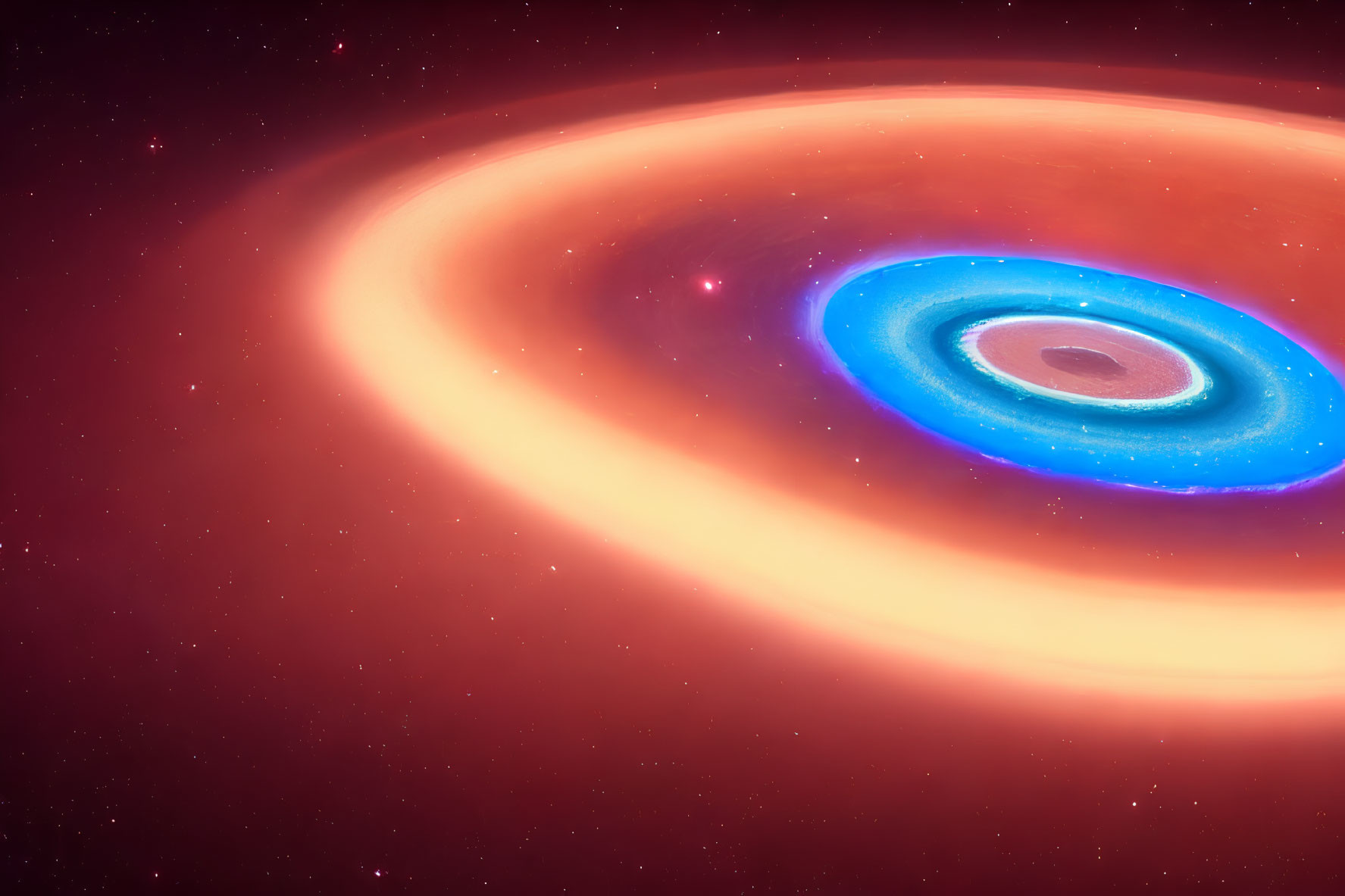 Colorful celestial scene with luminous accretion disk and dark void on red cosmic background