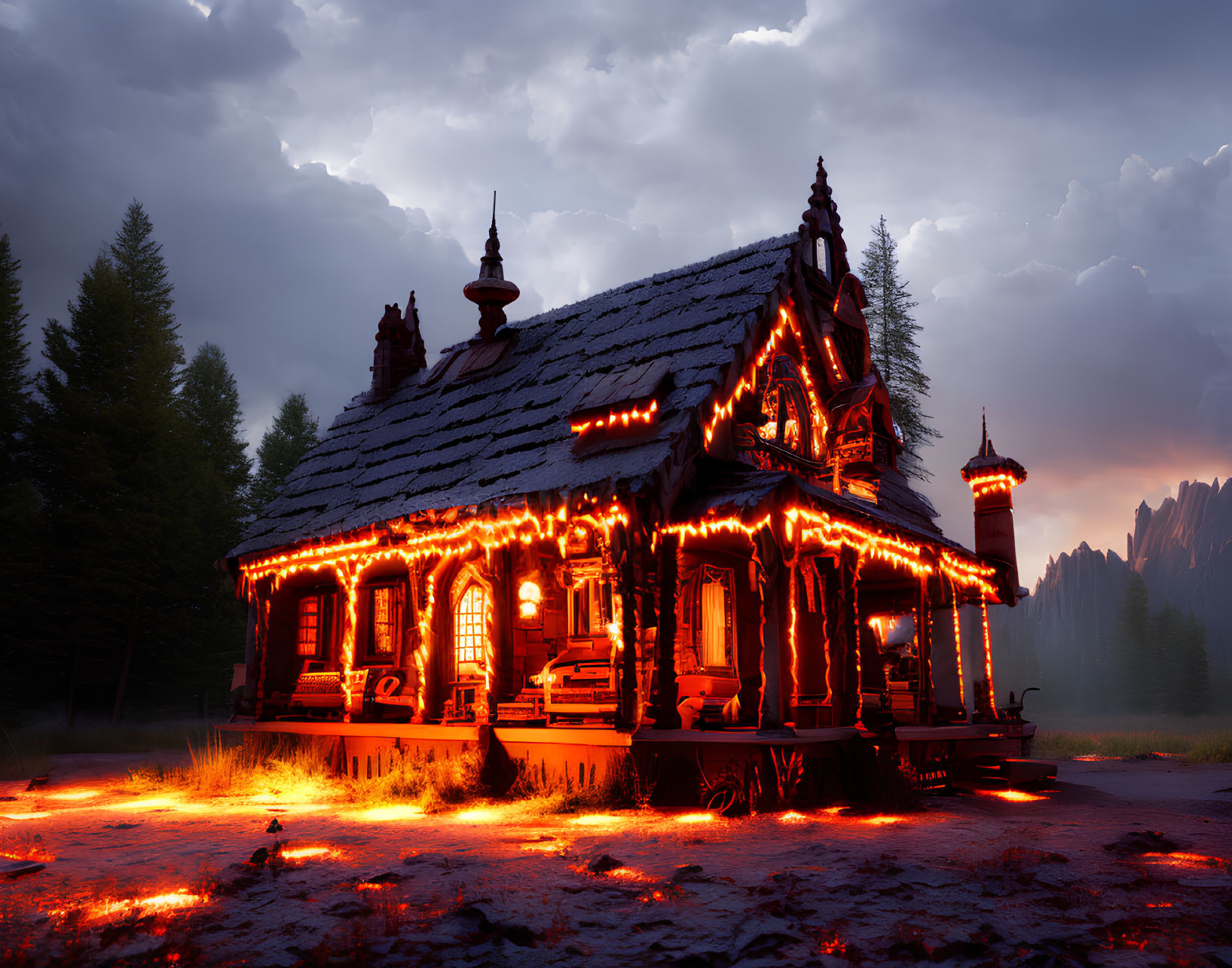 Cozy wooden cabin in forest with glowing lights at dusk