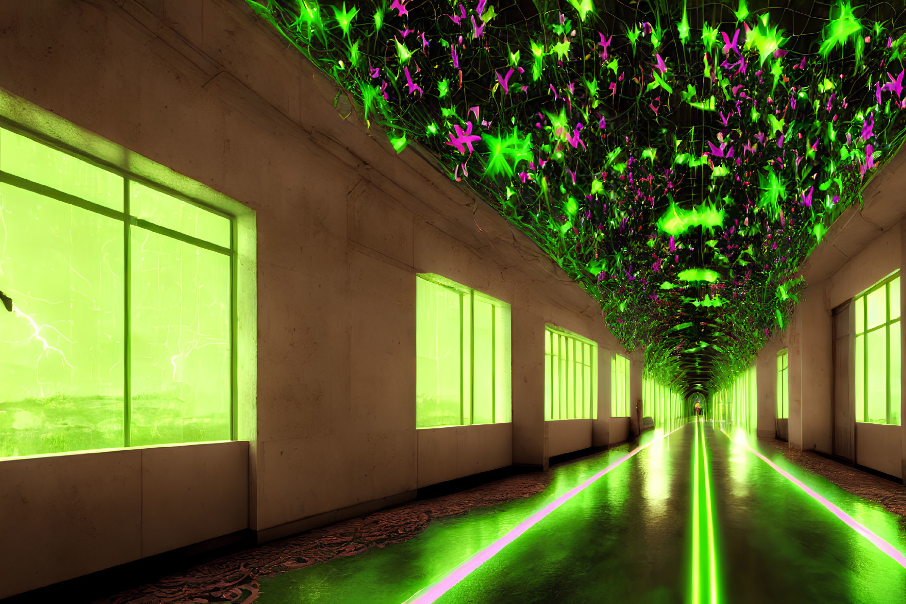 Futuristic corridor with glowing green windows and patterned carpet