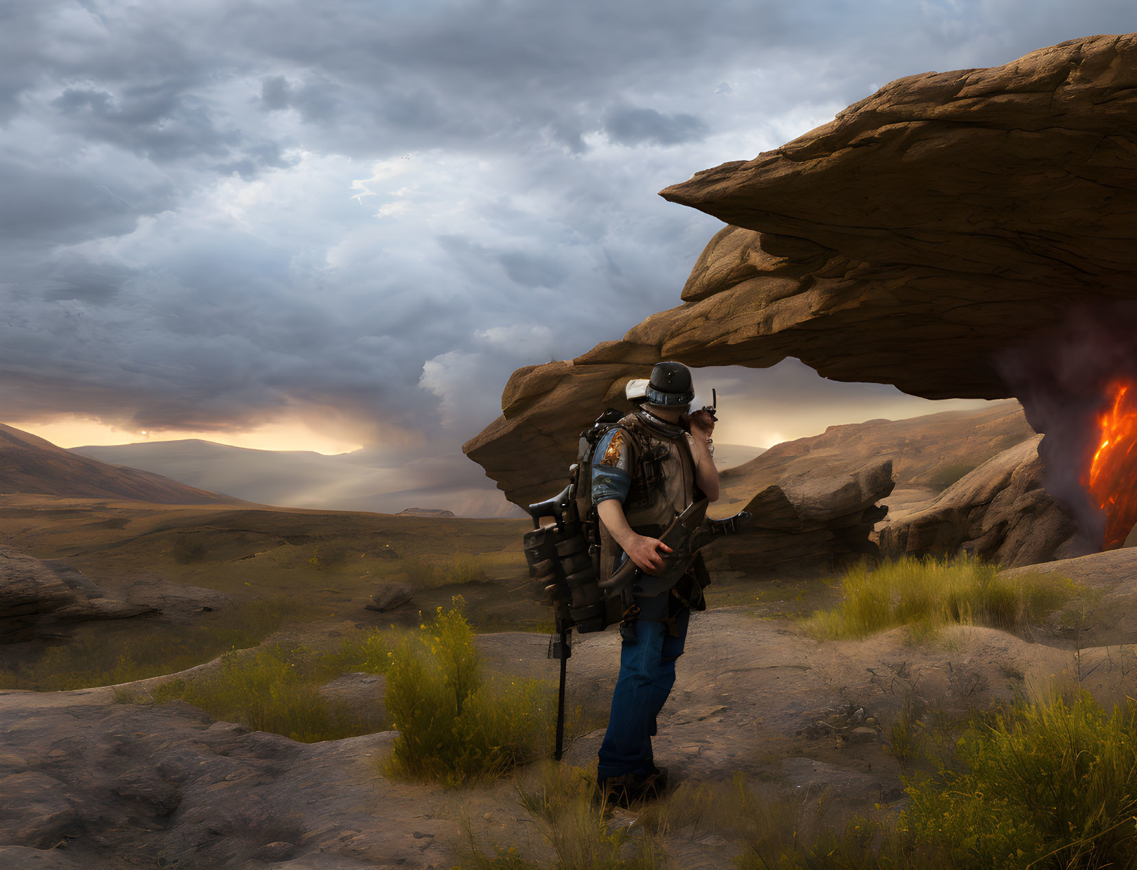 Person in tactical gear with jetpack near erupting lava under dramatic sky