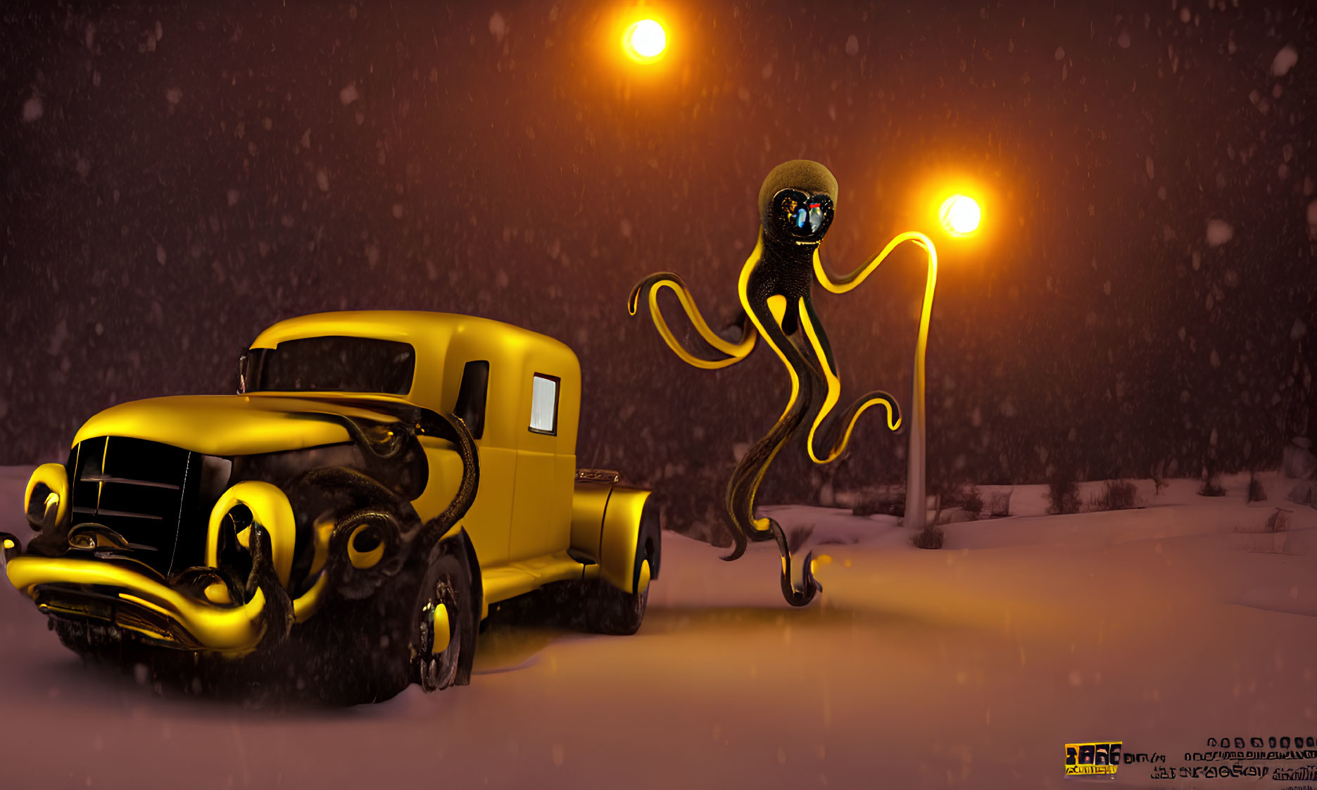 Yellow Vintage Truck and Octopus Creature Under Streetlight in Snow