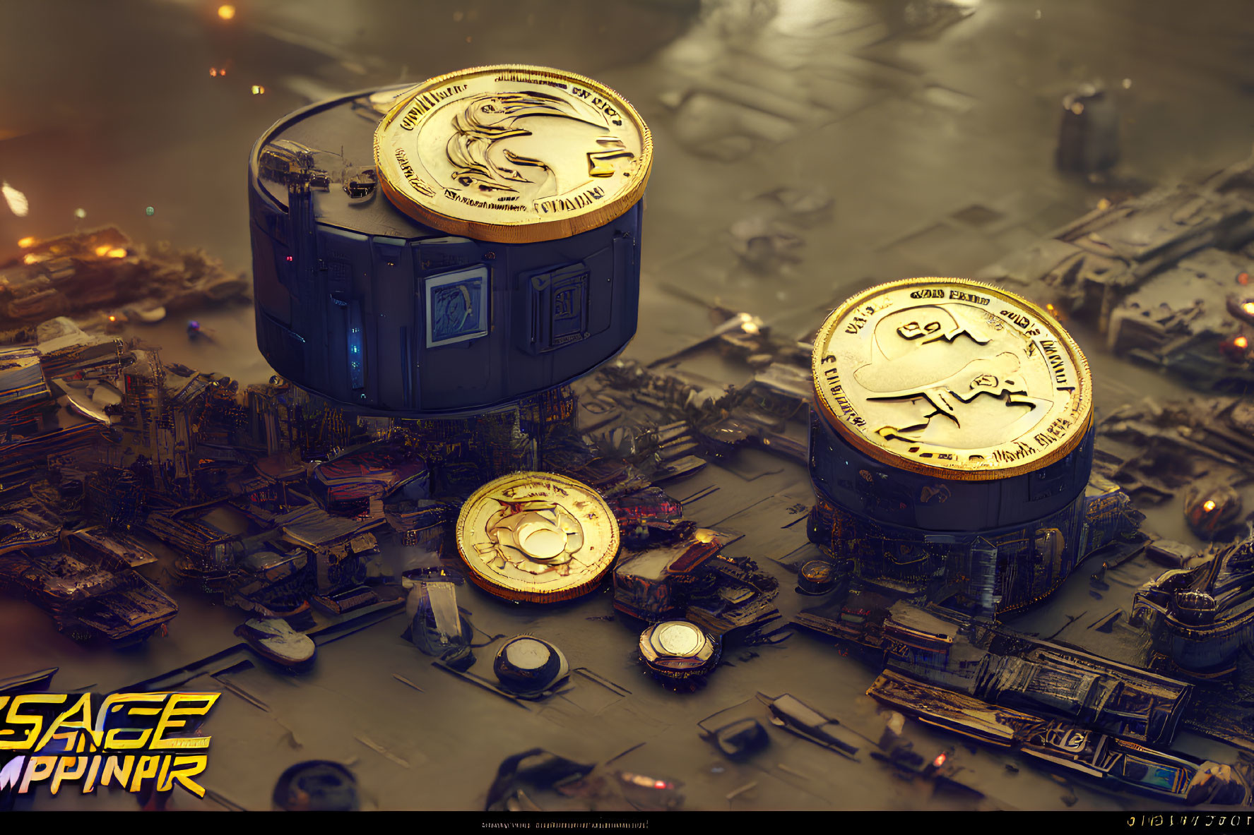 Futuristic coins hover over intricate industrial cityscape