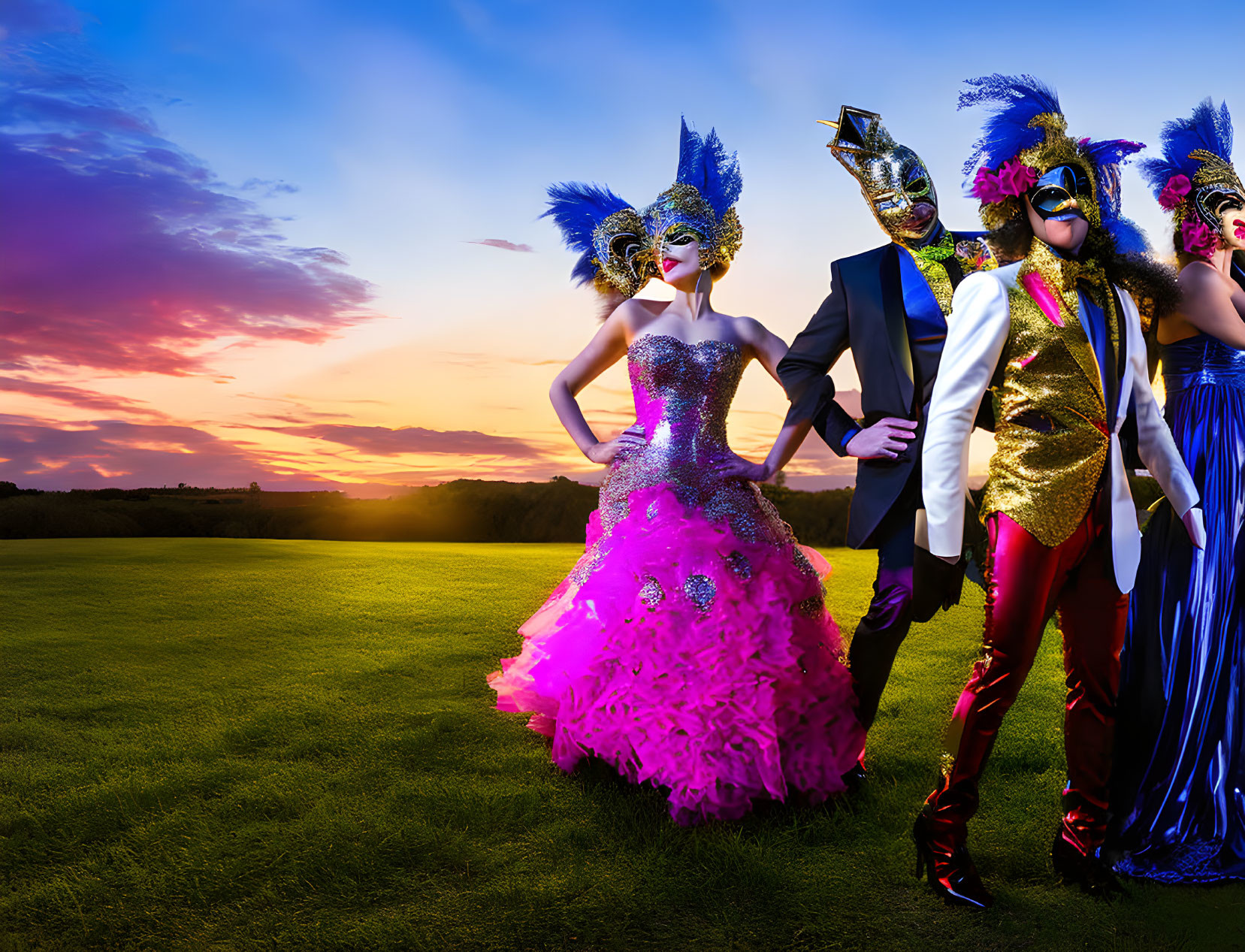 Three People in Vibrant Masquerade Costumes and Feathered Masks at Sunset