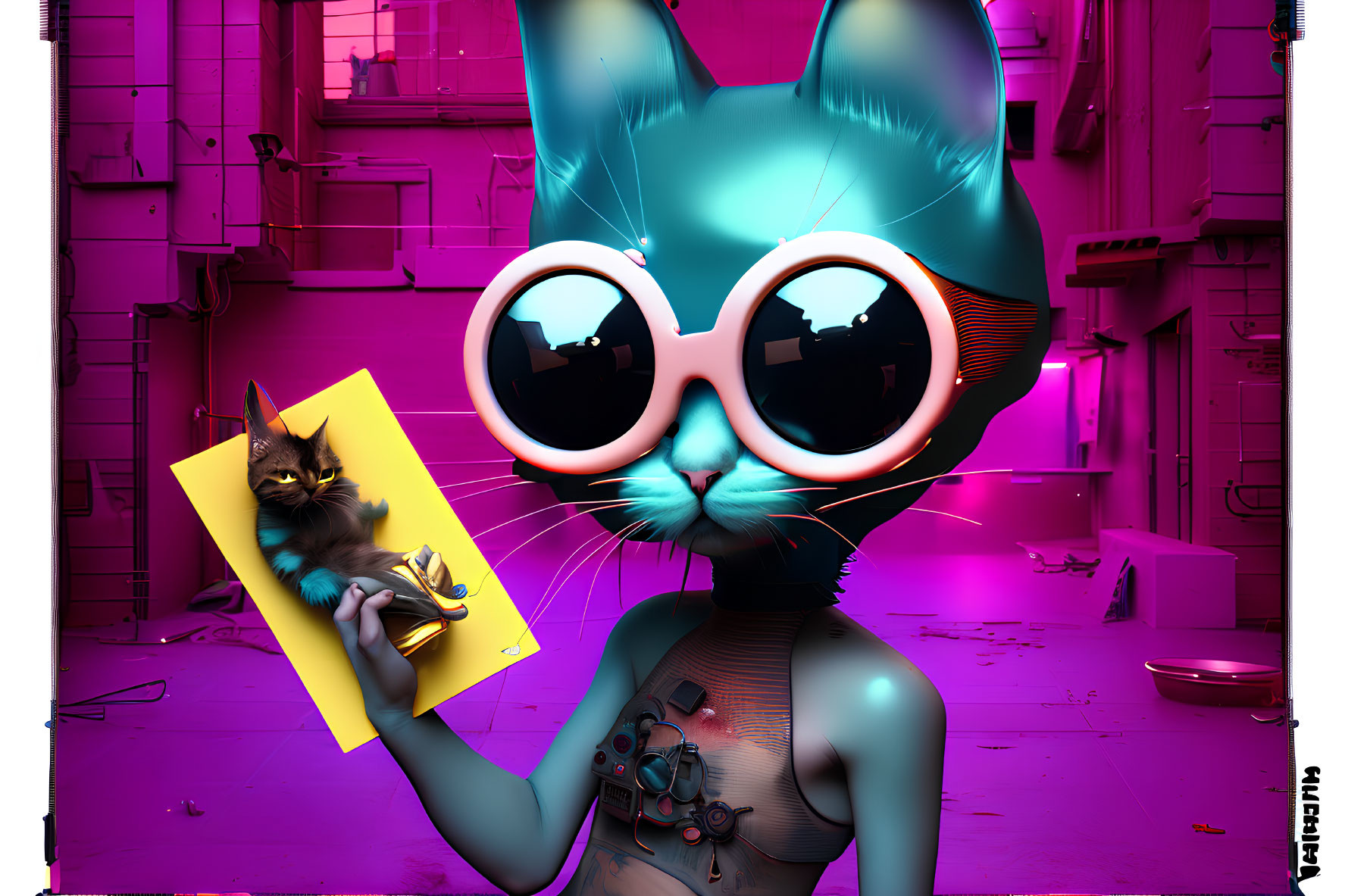 Stylized anthropomorphic blue cat with pink glasses and small brown cat on clipboard in pink-toned