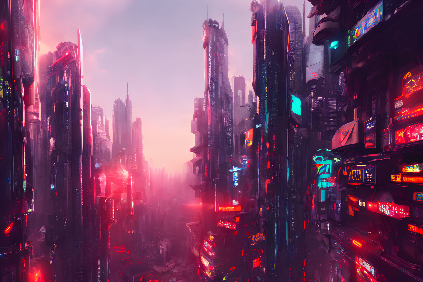 Futuristic cityscape with neon signs and skyscrapers at dusk