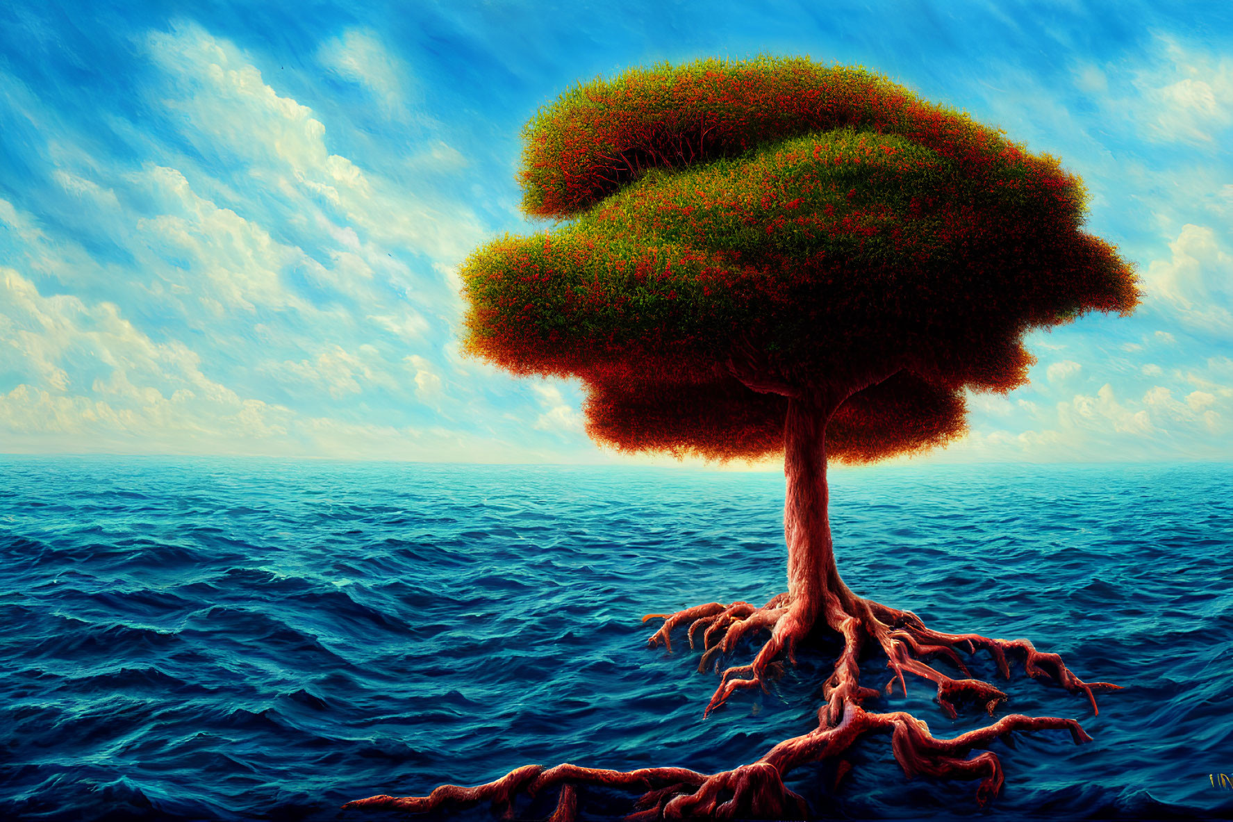 Lush tree with roots floating on serene blue ocean