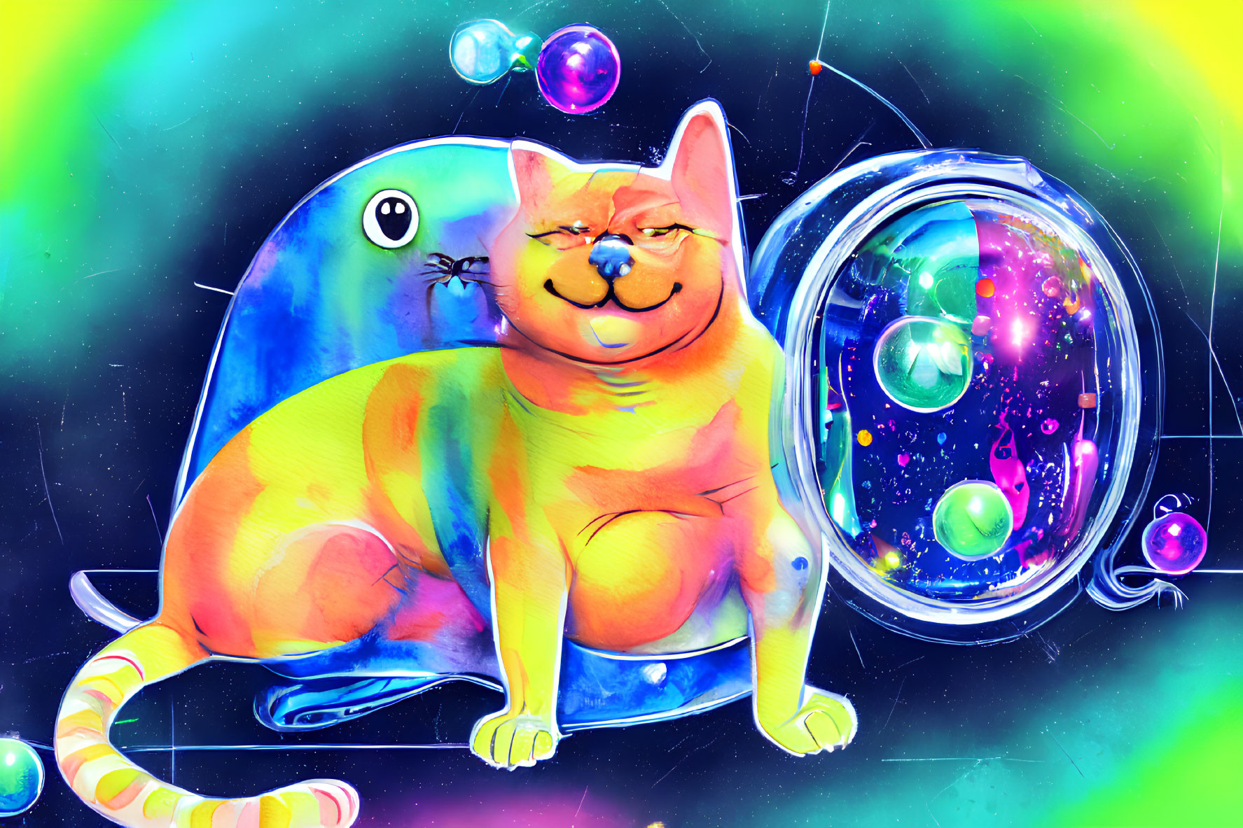 Chubby cat illustration with bubbles on cosmic background