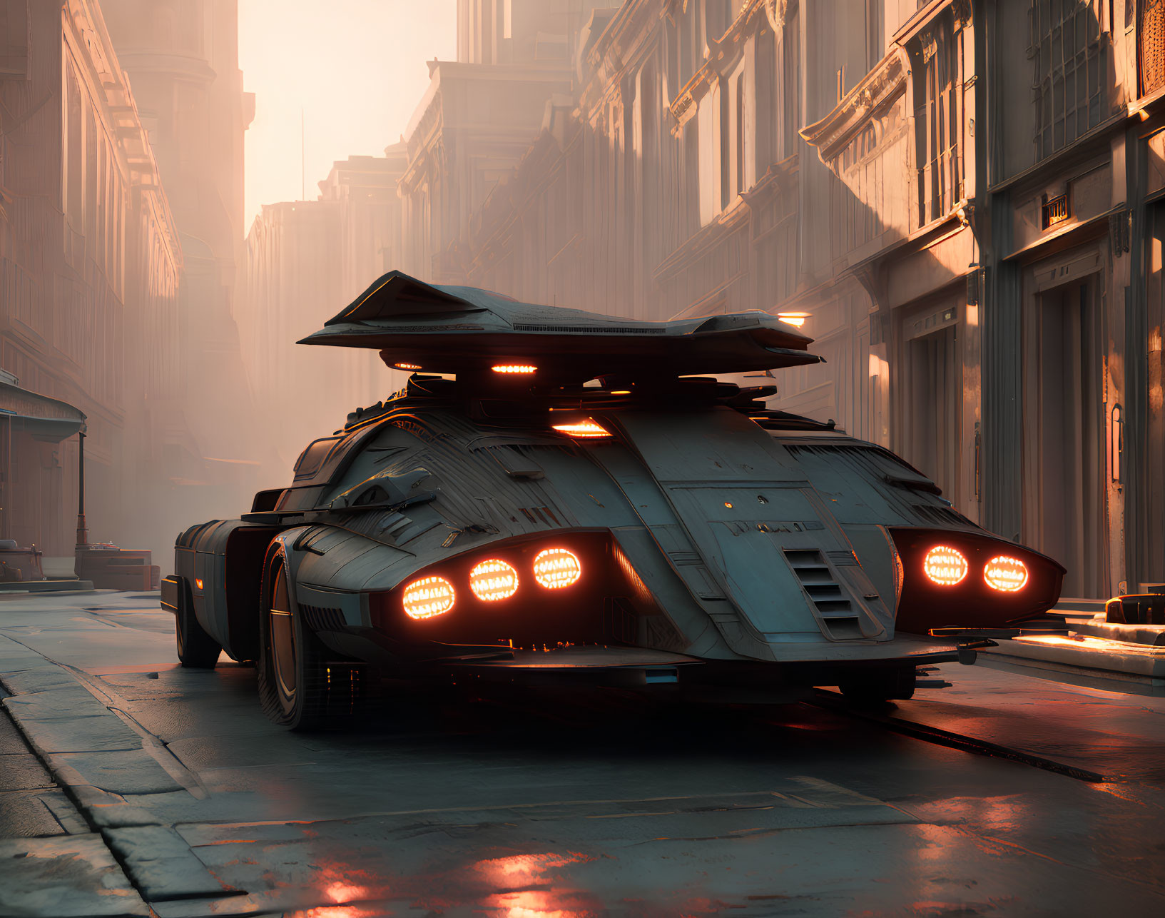 Futuristic vehicle with glowing lights on misty urban street surrounded by tall buildings at sunset