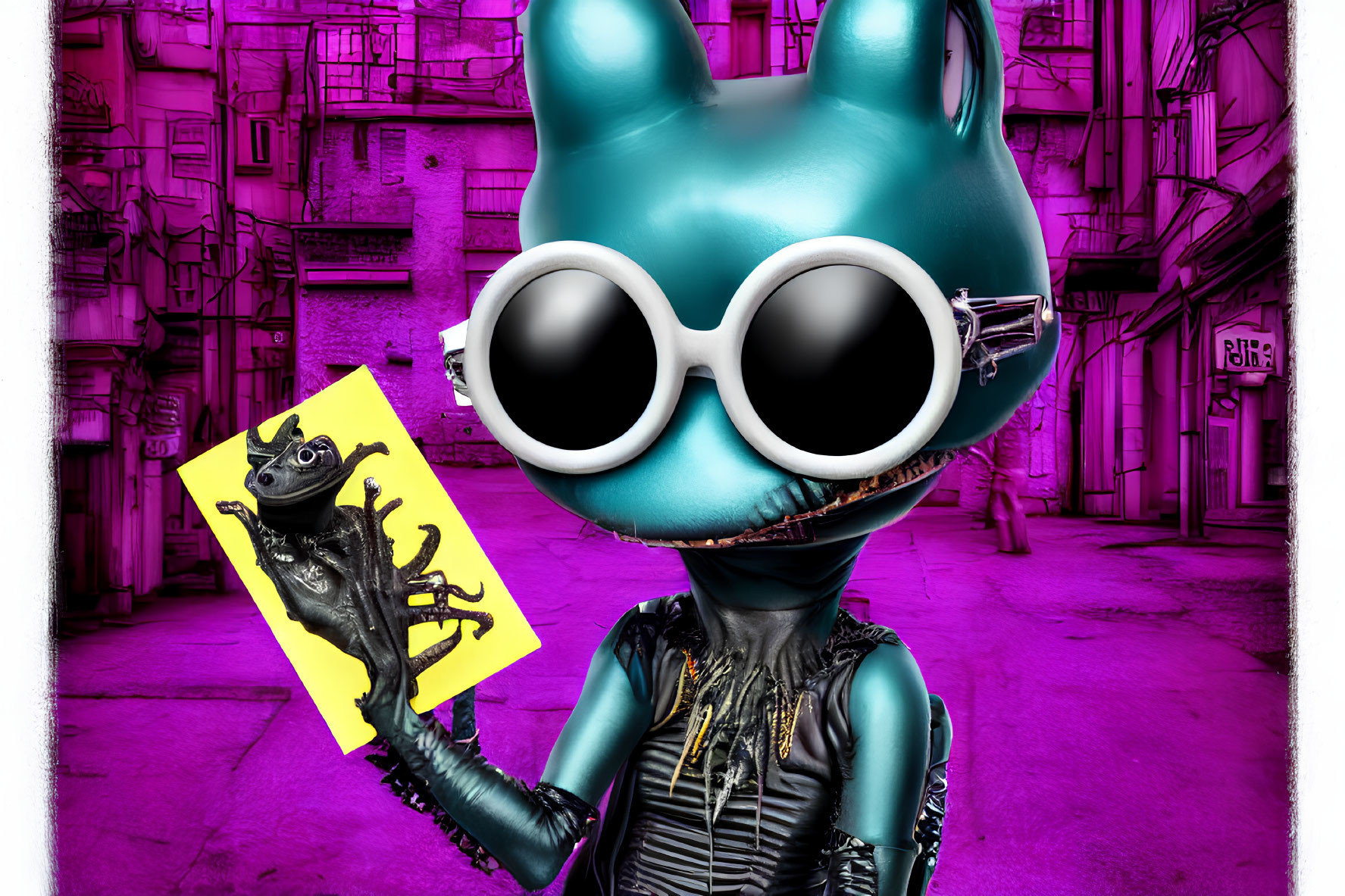 Stylized figure with turquoise cat head and yellow card in urban setting