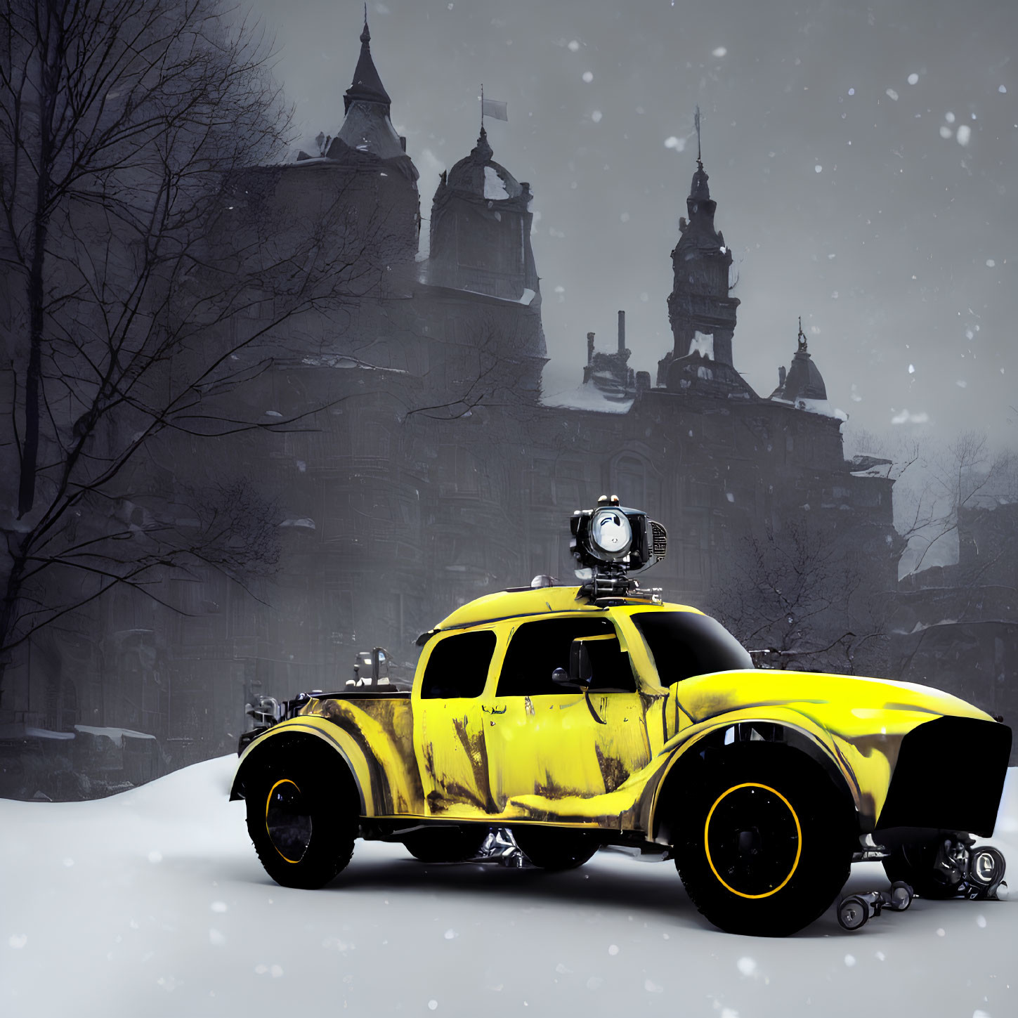 Vintage yellow car with searchlight on snowy street with gothic-style buildings.