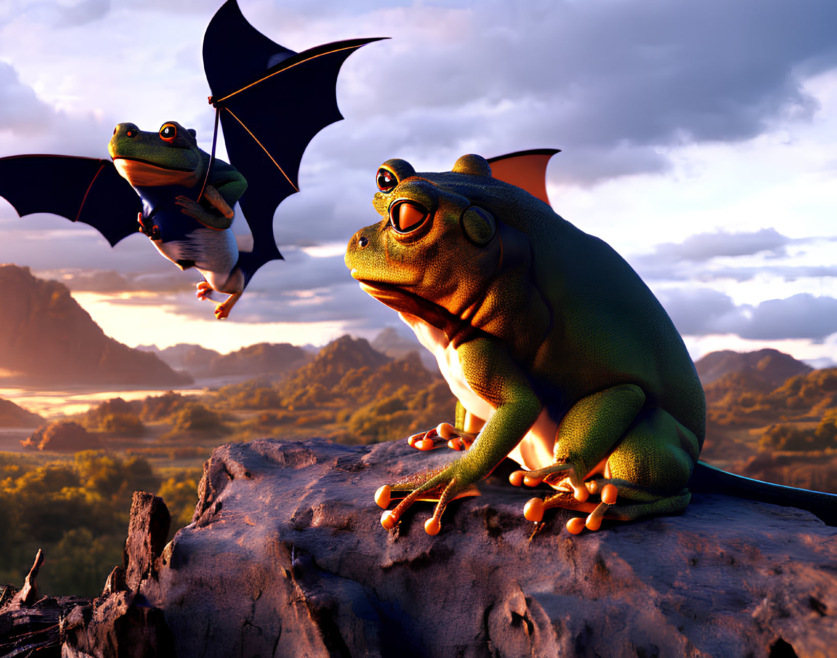 Animated frogs with wings in sunset landscape with mountains and clouds