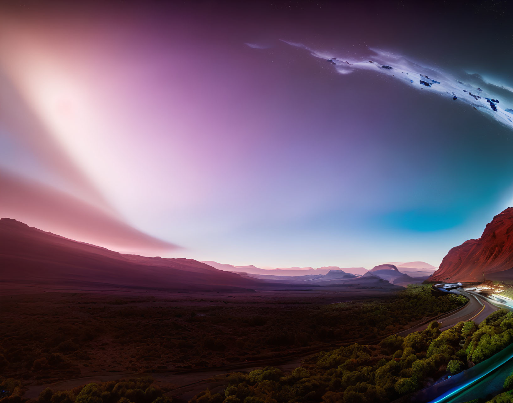 Aurora Borealis illuminating night sky over mountain road