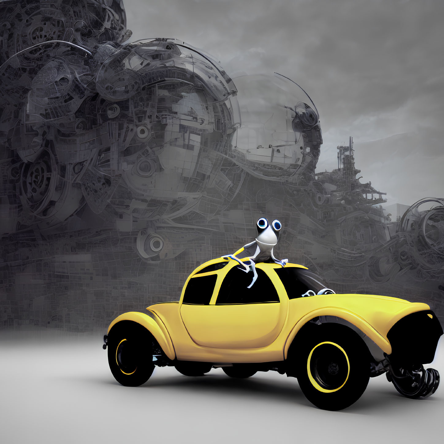 Whimsical cartoon character driving yellow vintage car in surreal landscape