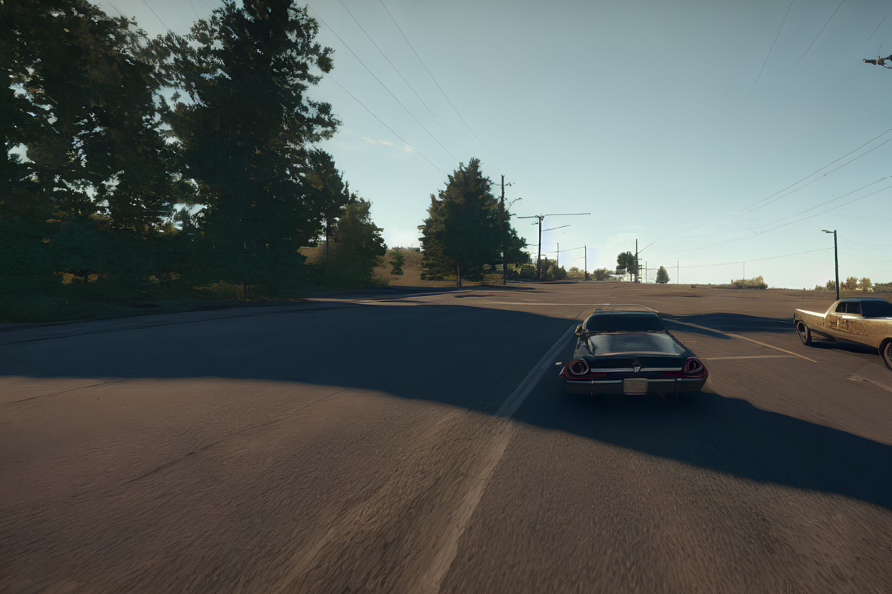 Vintage car driving on sunlit road with lush green trees and clear skies