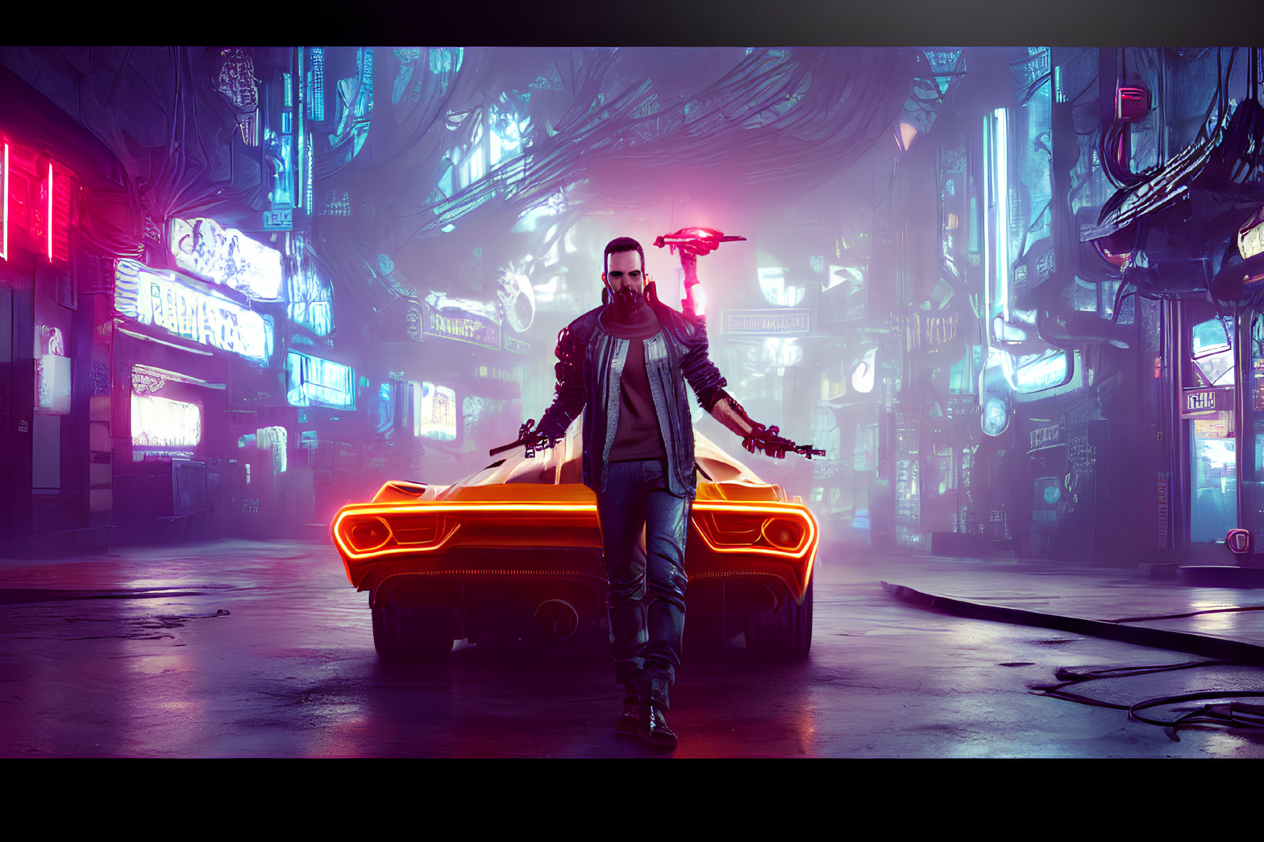 Man in neon-lit cyberpunk city with hovering orange car, holding guns.