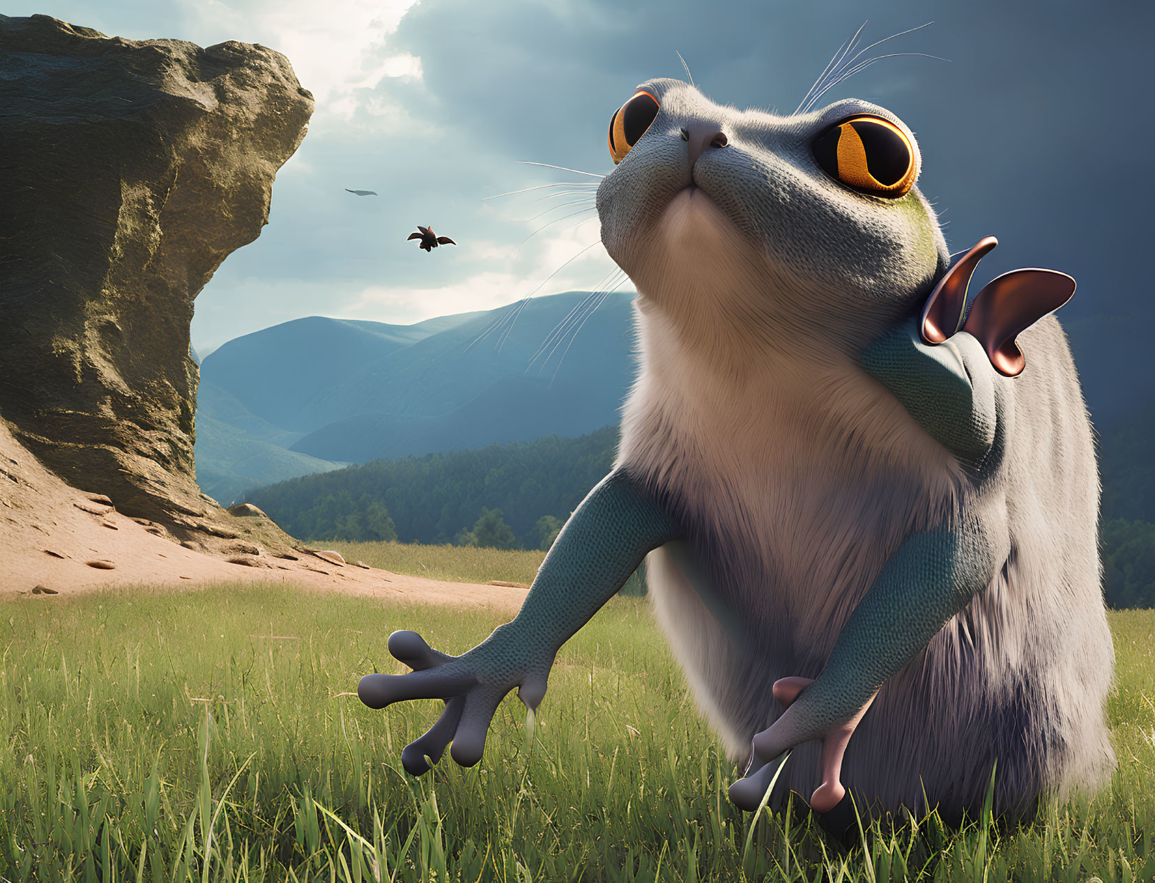 Blue-furred animated creature gazes at flying insect in grassy field