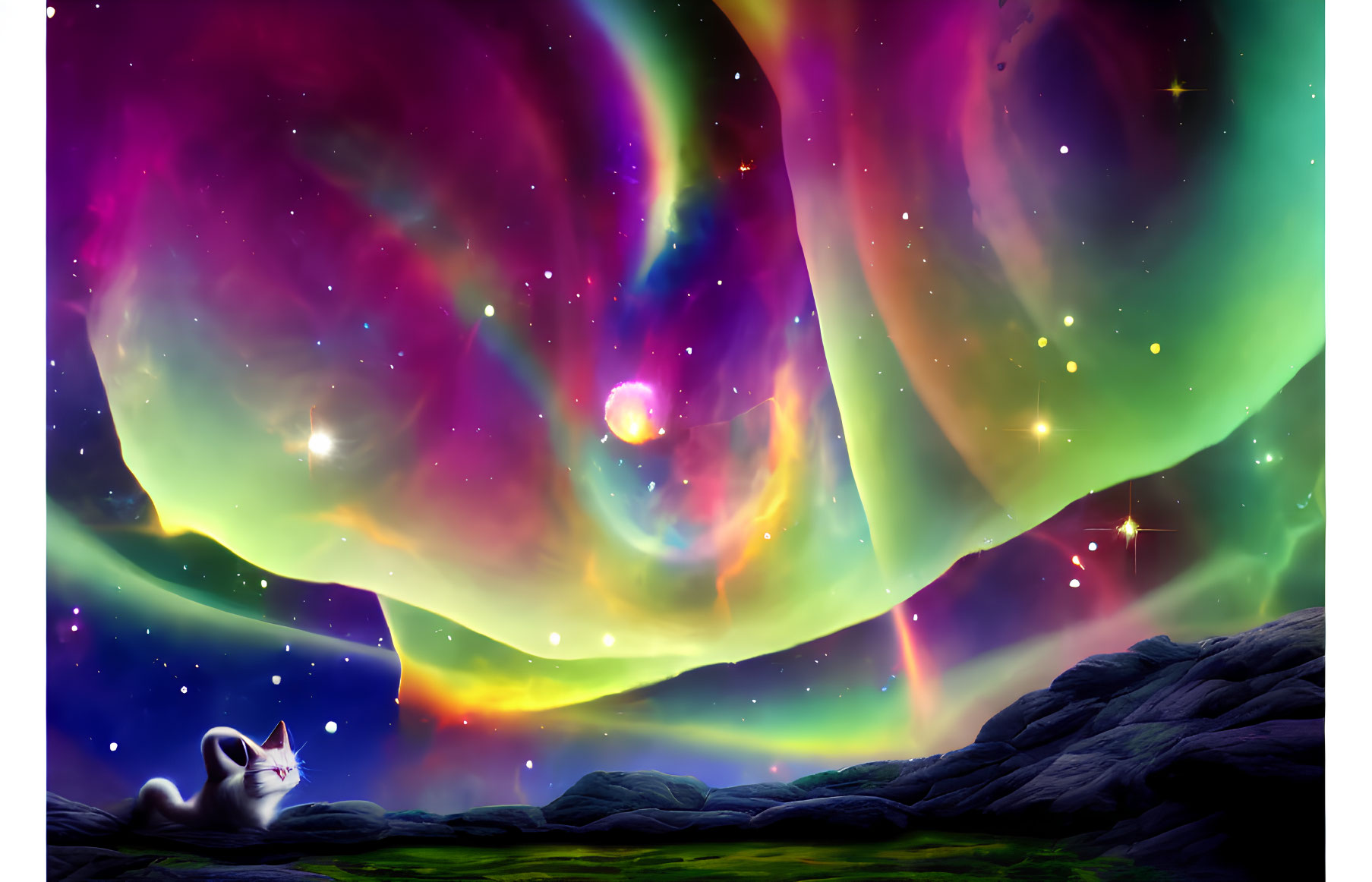 Whimsical white cat admires vibrant aurora and celestial sky