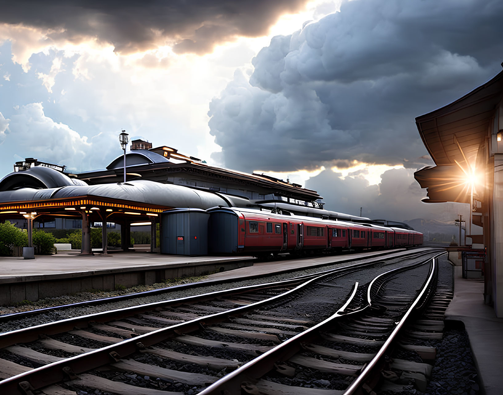 Sunset train station with red trains, dramatic clouds, and railway tracks