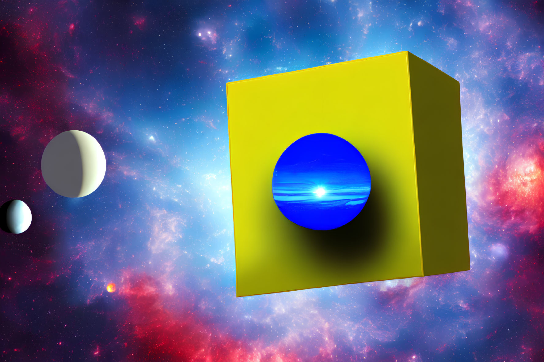 Yellow Cube with Blue Hole in Multicolored Space Scene