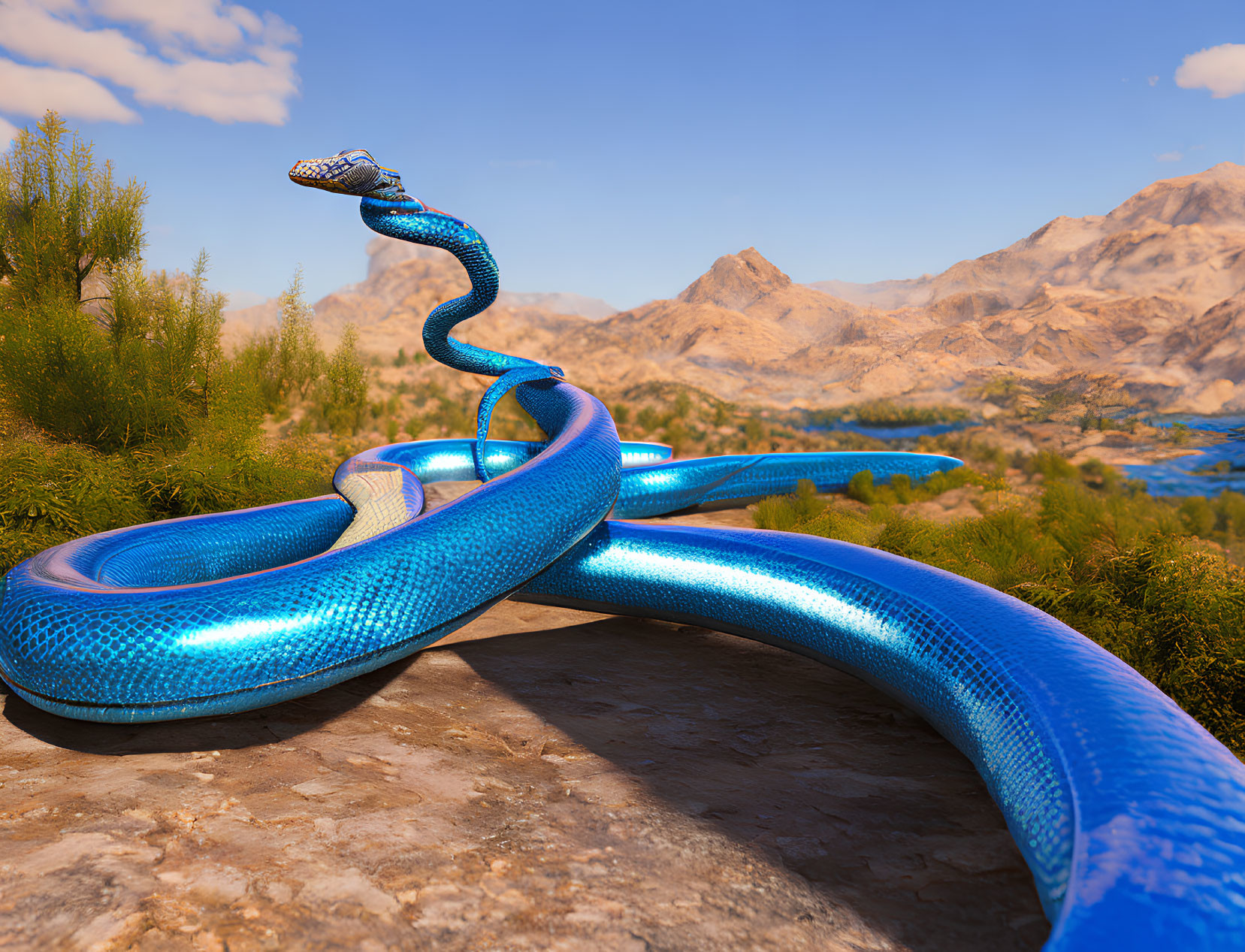 Vibrant Blue 3D Snake Coiled on Rock in Desert Landscape