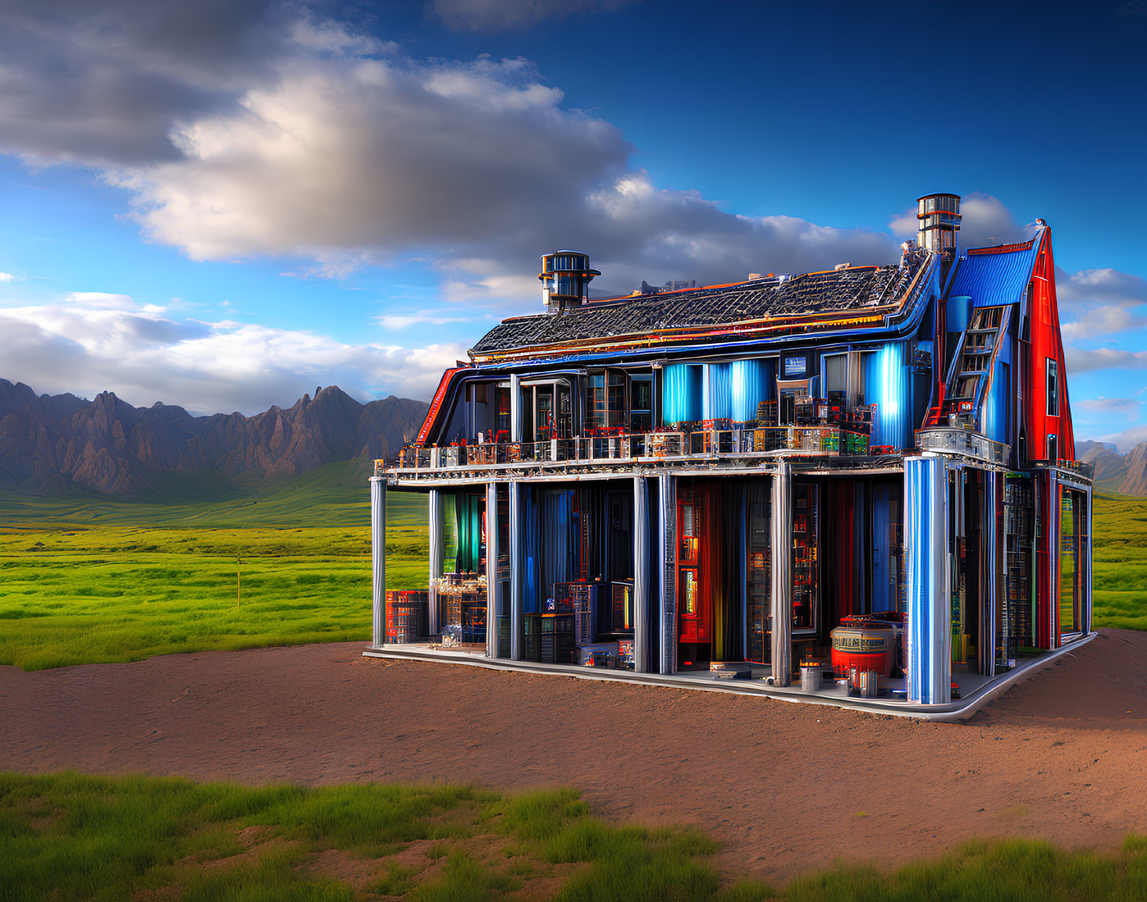 Futuristic two-story house in server-like design on green field with mountains.