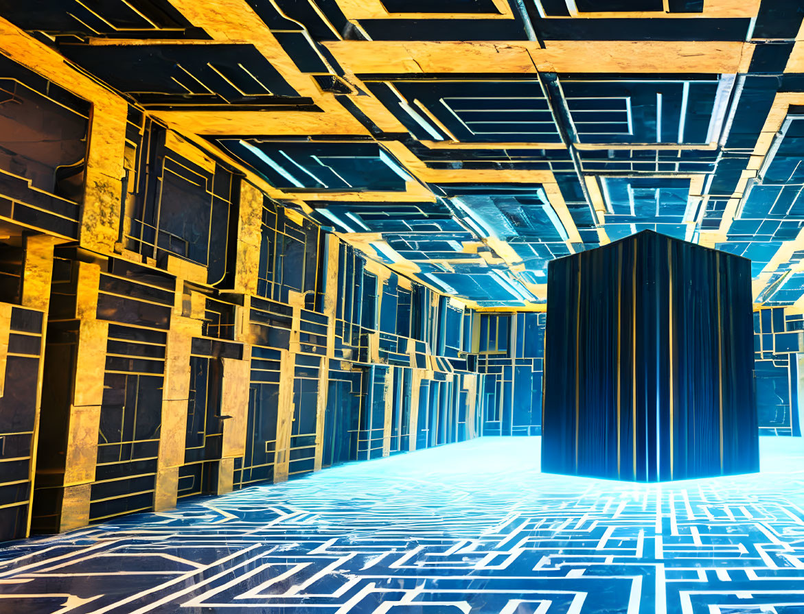 Futuristic corridor with neon blue lighting and intricate golden patterns