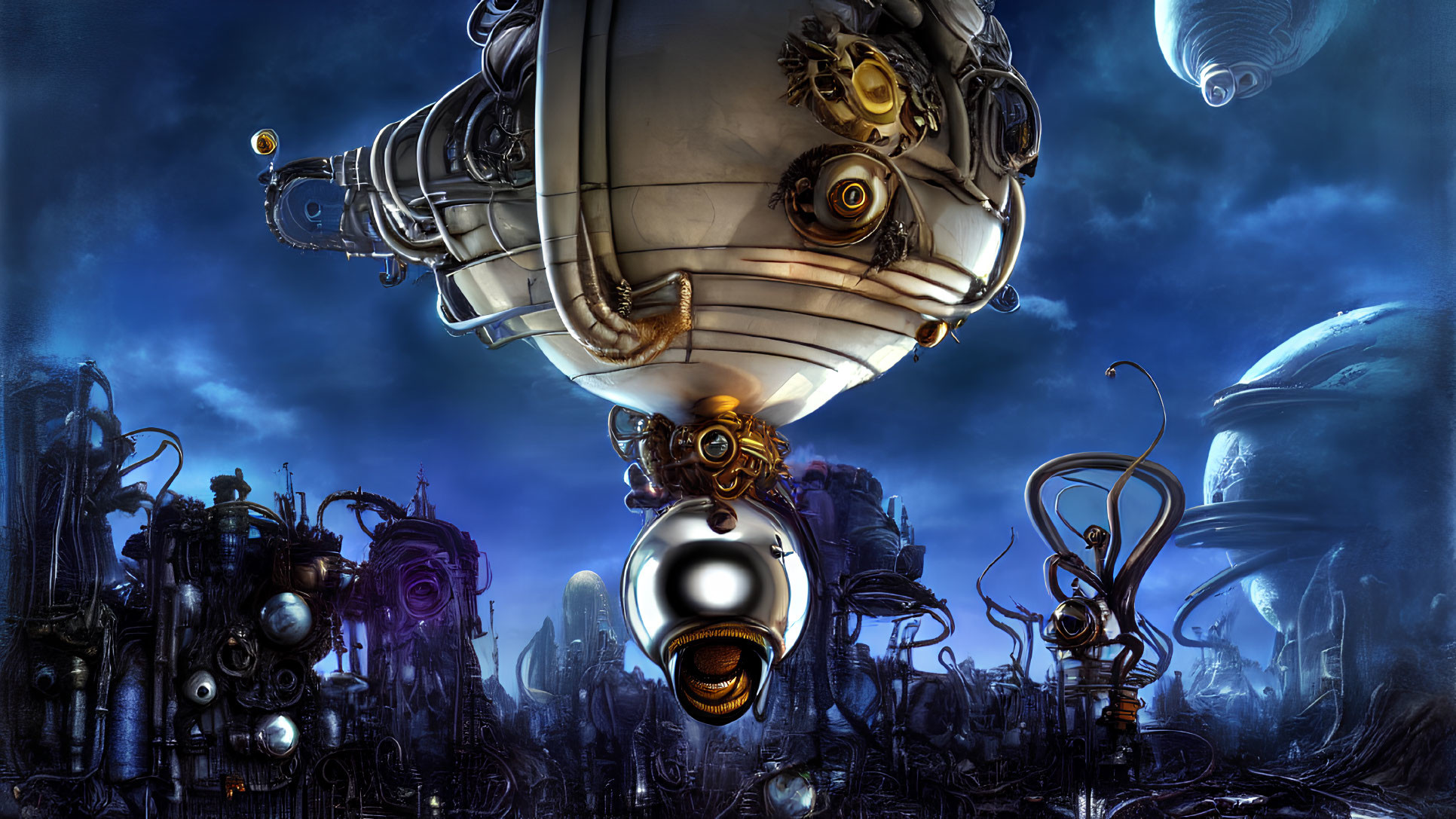 Detailed Steampunk Landscape with Airships and Machinery