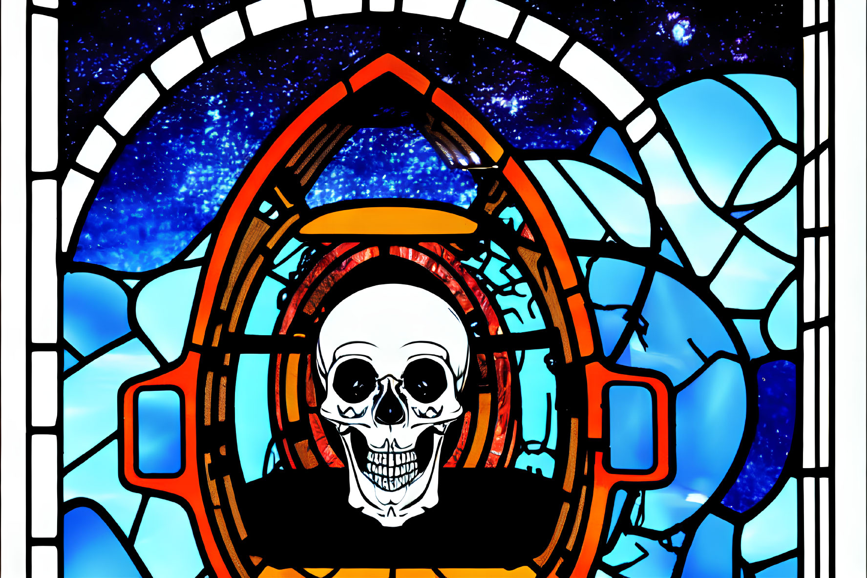 Skull-themed stained glass window design in vibrant colors on starry blue background