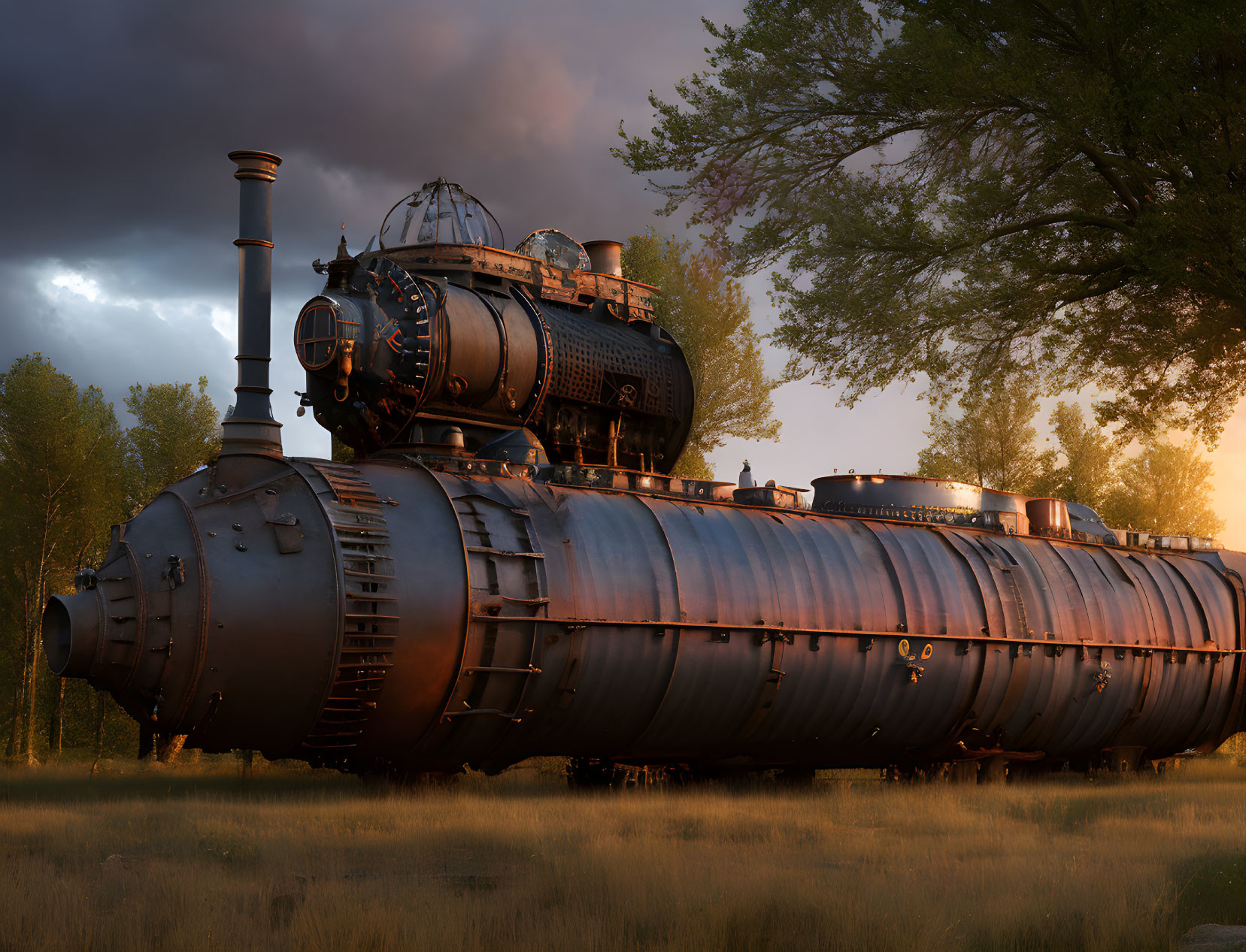 Fantastical steam locomotive at sunset in forest landscape