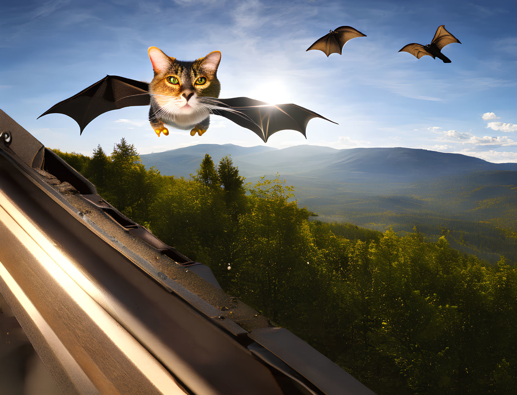 Cat with Bat Wings Flying Among Bats in Forest Scene