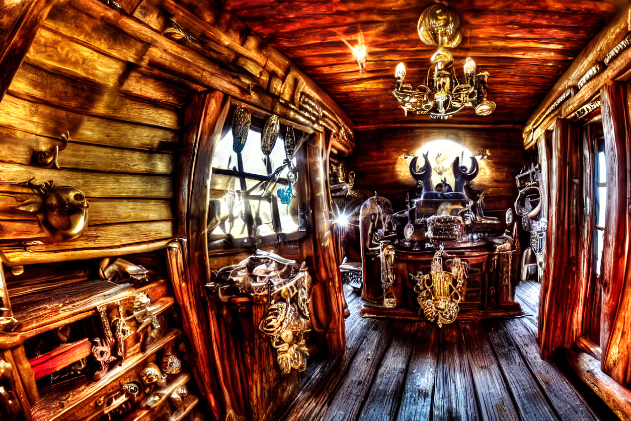 Luxurious Pirate Ship Cabin with Chest, Chandelier, and Baroque Decor under Warm Lighting